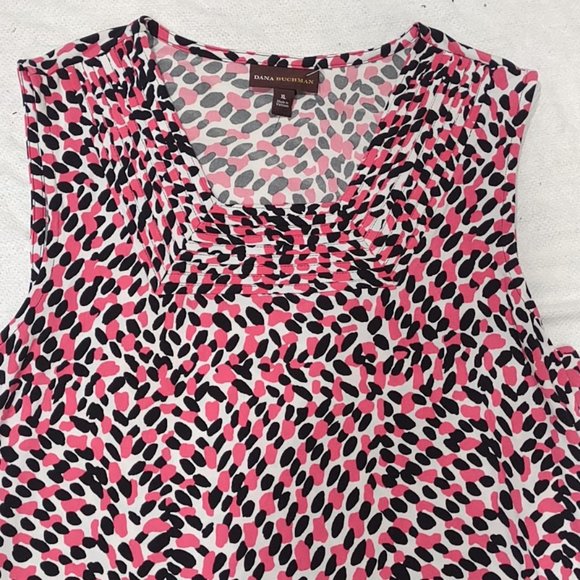 DANA BUCHMAN PINK BLACK WHITE ABSTRACT DOTS SLEEVELESS DRESS RUCHED SIZE XL - Picture 3 of 9